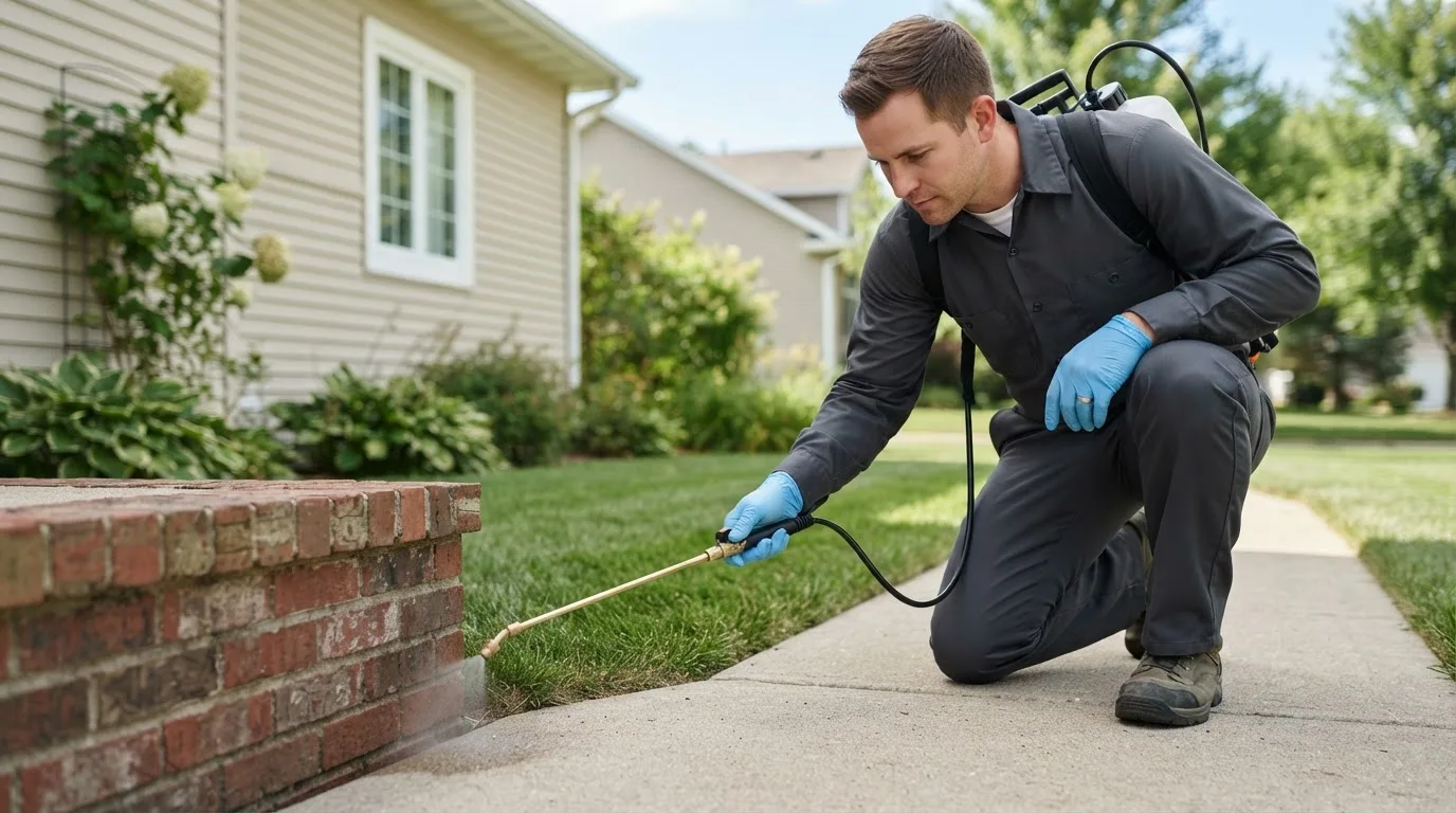 Pest control technician treating a home near Dola, OH