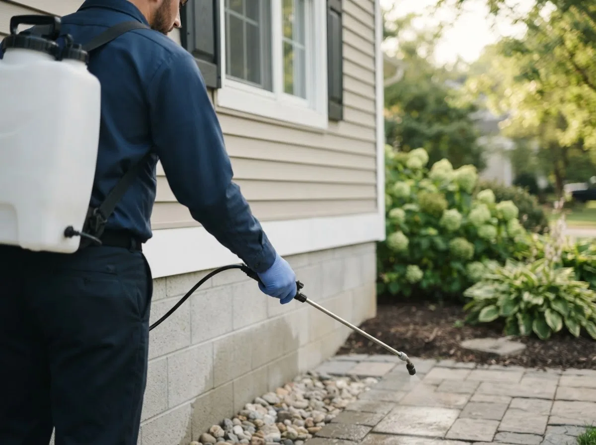 Pest control technician inspecting a home in Dola, OH
